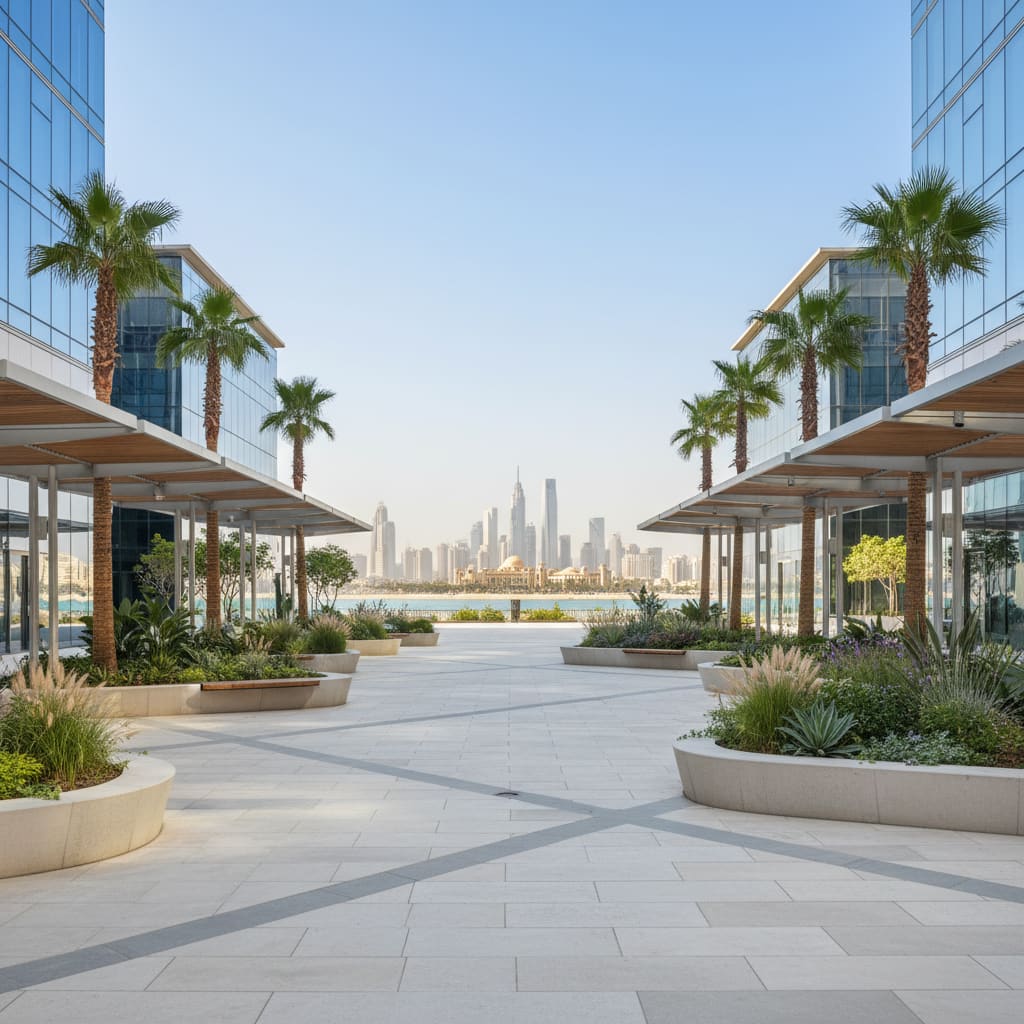 Modern urban plaza with water-wise planting and clean stone paving in Doha