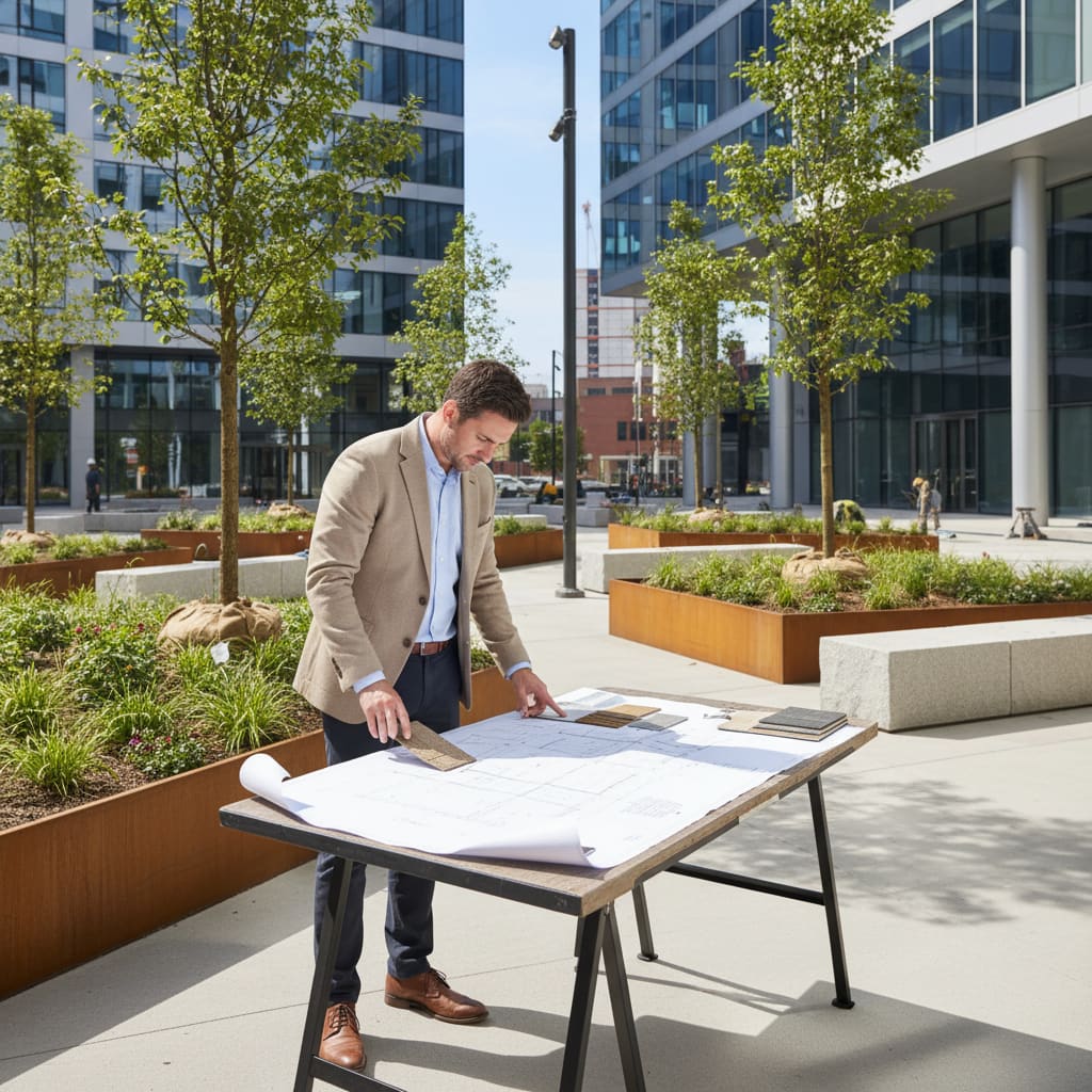 Landscape architect reviewing drawings on site near a newly built plaza
