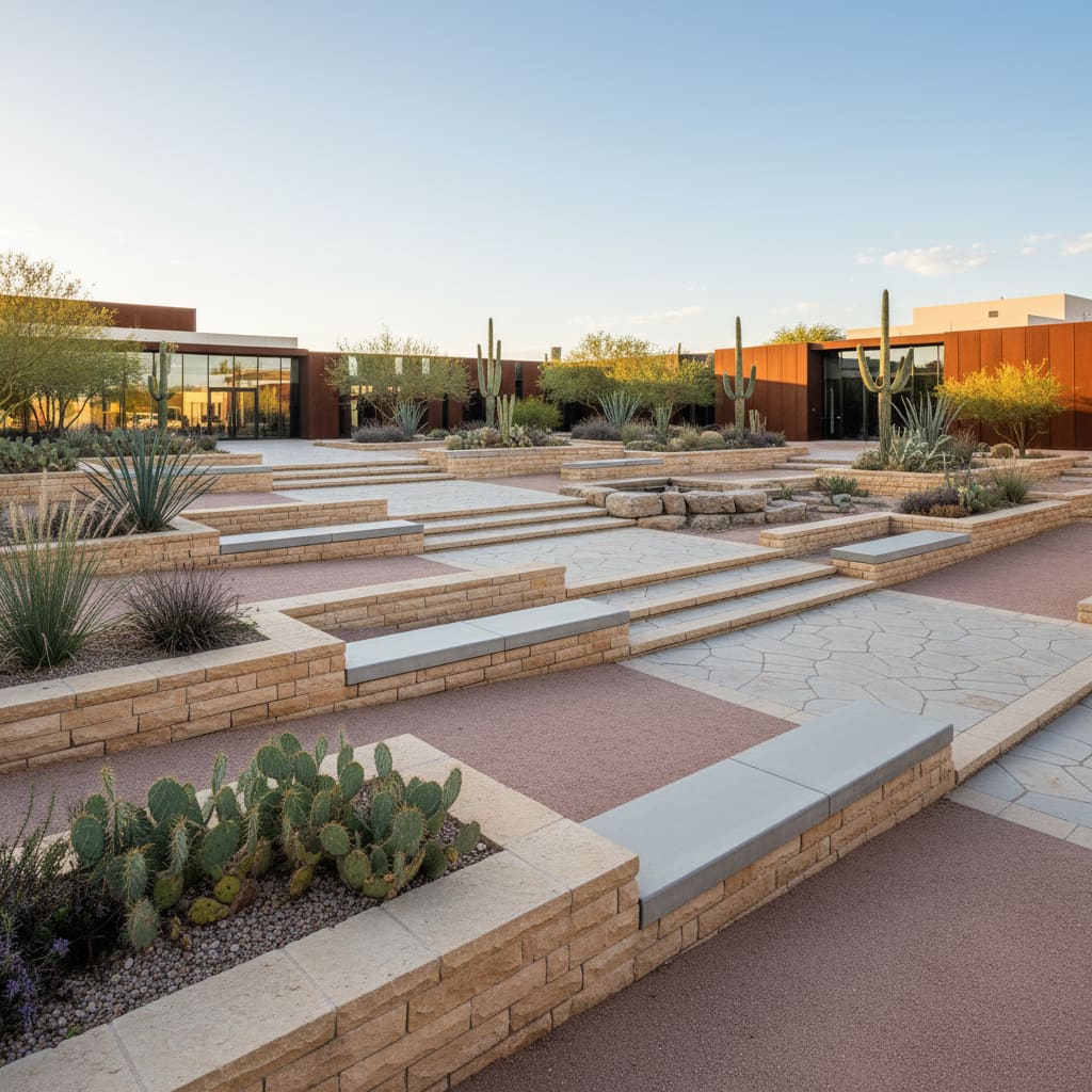 Contemporary public plaza with structured pathways and terraces