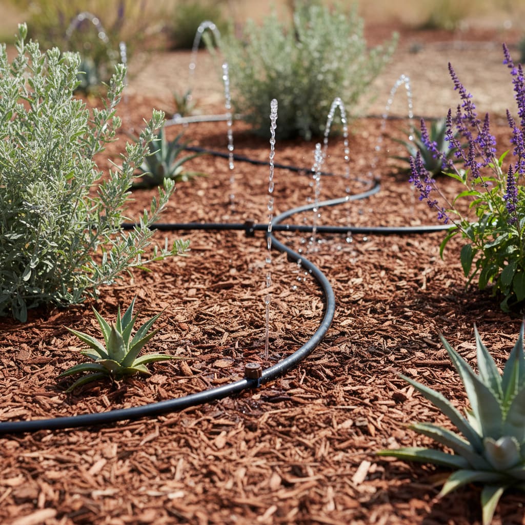 Drip irrigation among drought-tolerant shrubs and mulch