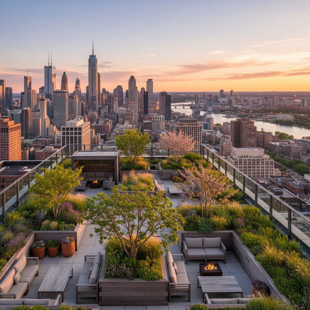 Urban rooftop garden with planters, trees, and seating nooks