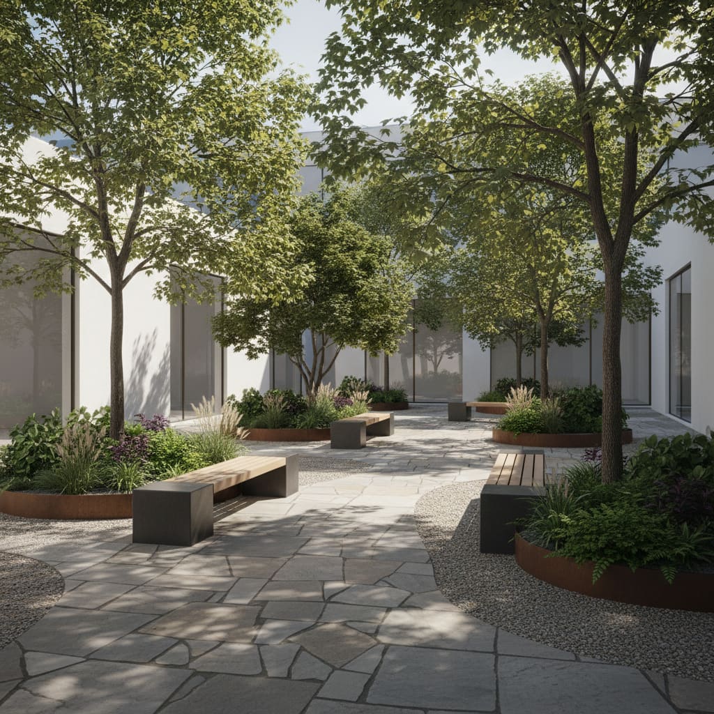 High-quality 3D rendering of a landscaped courtyard concept